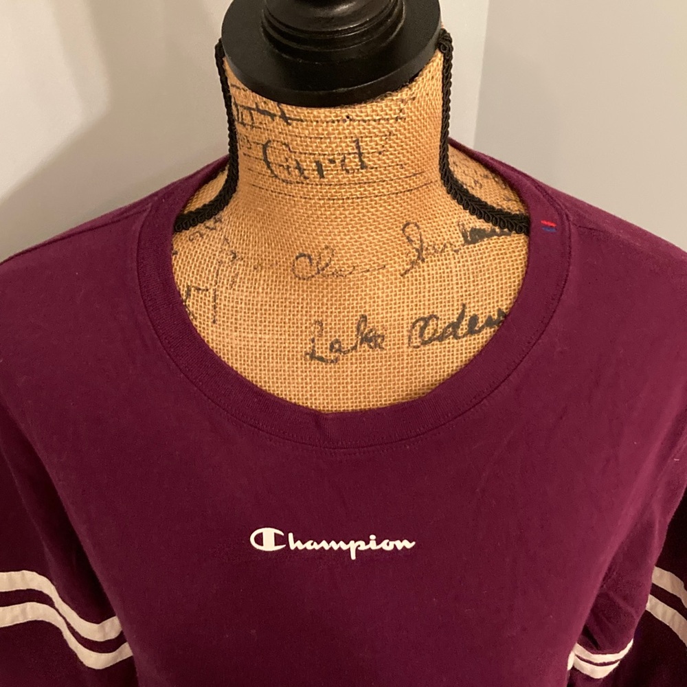 Champion Athleticwear Burgundy Long Sleeve Tee White Stripes Women Size L - Picture 2 of 10